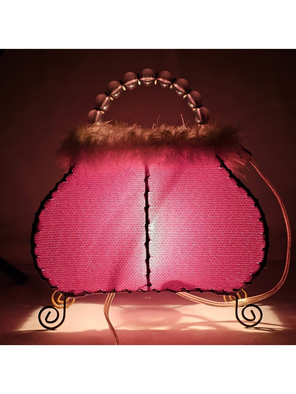 Vintage Novelty Purse Accent Lamp Purple Fabric Faux Fur Beaded Handle Kitschy